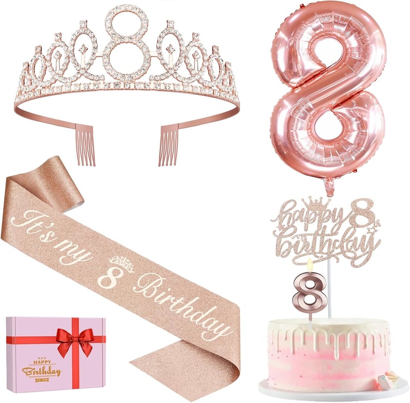 8th Birthday Decorations Set for Girls: Sash, Tiara, Balloon, Cake Topper