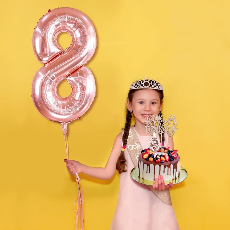 8th Birthday Decorations Set for Girls: Sash, Tiara, Balloon, Cake Topper