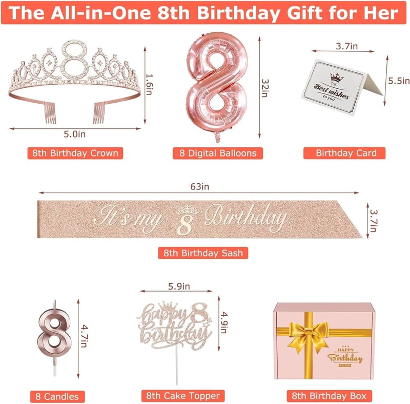 8th Birthday Decorations Set for Girls: Sash, Tiara, Balloon, Cake Topper