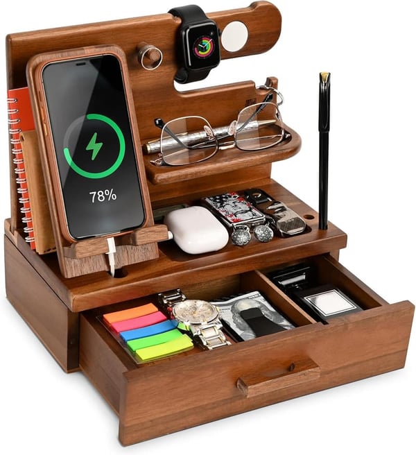 Wood Phone Docking Station with Drawer - Gift for Men, Dad