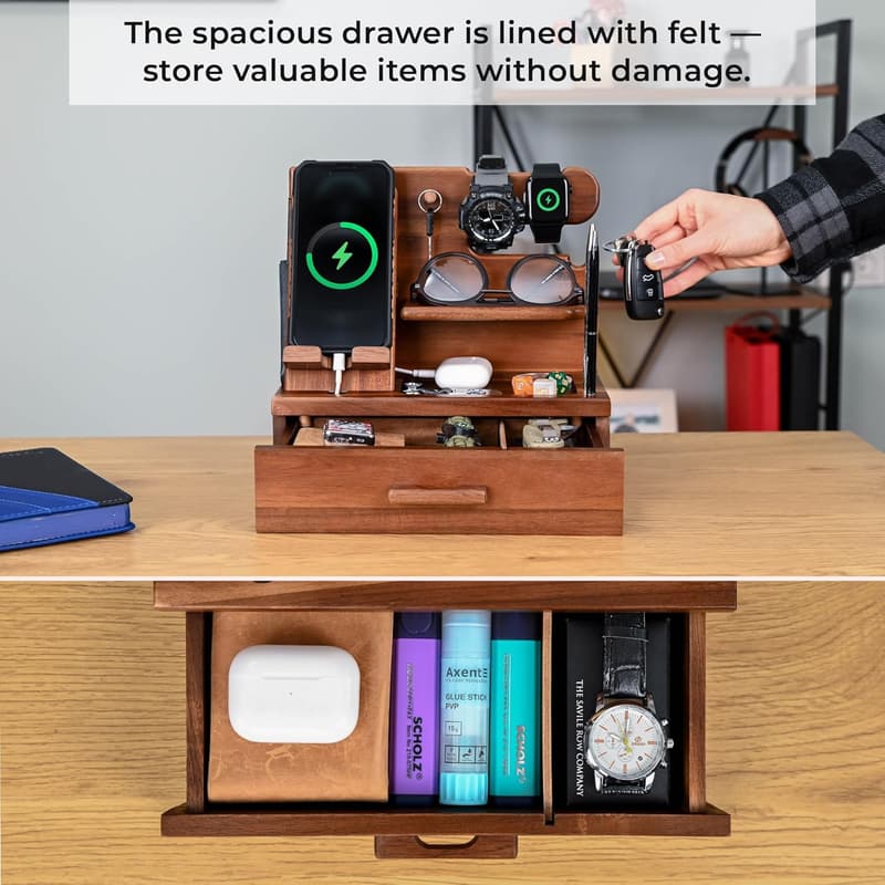Wood Phone Docking Station with Drawer - Gift for Men, Dad