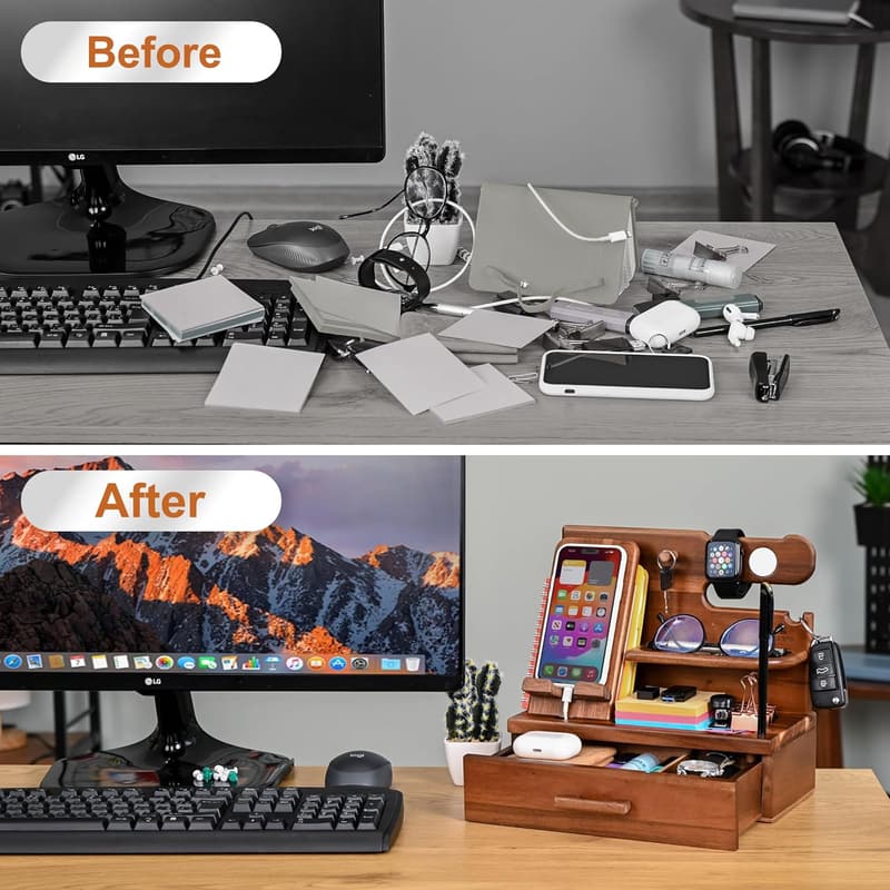 Wood Phone Docking Station with Drawer - Gift for Men, Dad