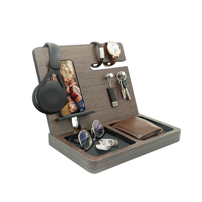 Premium Wood Nightstand & Desk Organizer – Phone Stand & Charging Station for Men