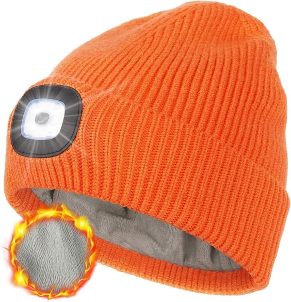 USB Rechargeable Fleece Lined Beanie with LED Light for Men