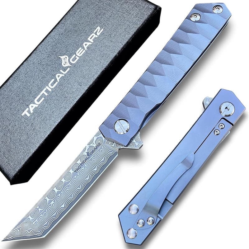 Damascus Steel EDC Folding Knife with Titanium Handle