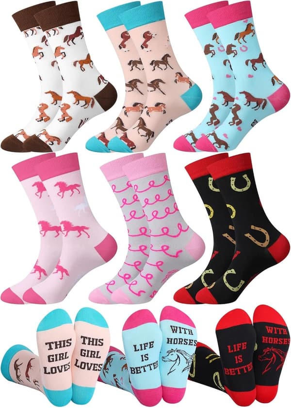 Funny Horse Riding Crew Socks for Women - 6 Pairs Gift Set