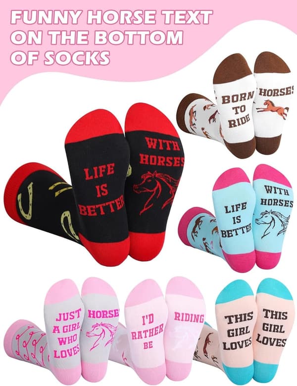 Funny Horse Riding Crew Socks for Women - 6 Pairs Gift Set