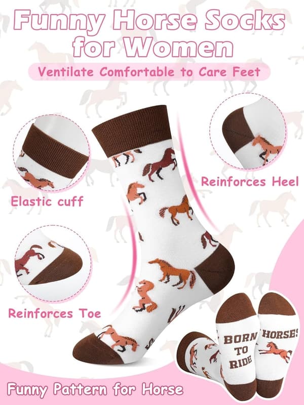 Funny Horse Riding Crew Socks for Women - 6 Pairs Gift Set