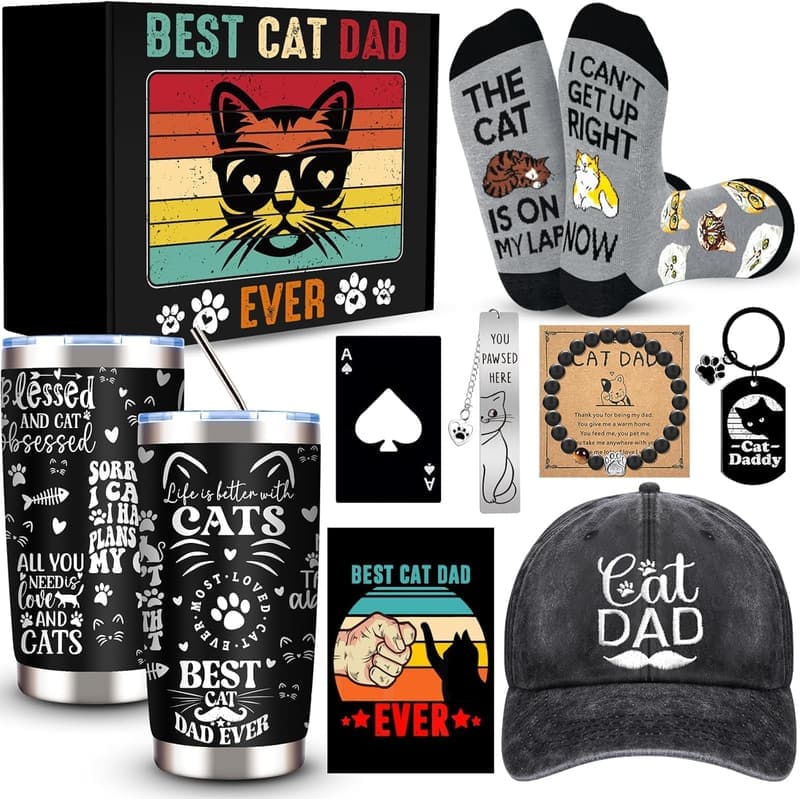 Cat Dad Gift Set for Men - 20 Oz Tumbler, Cap, Socks & More