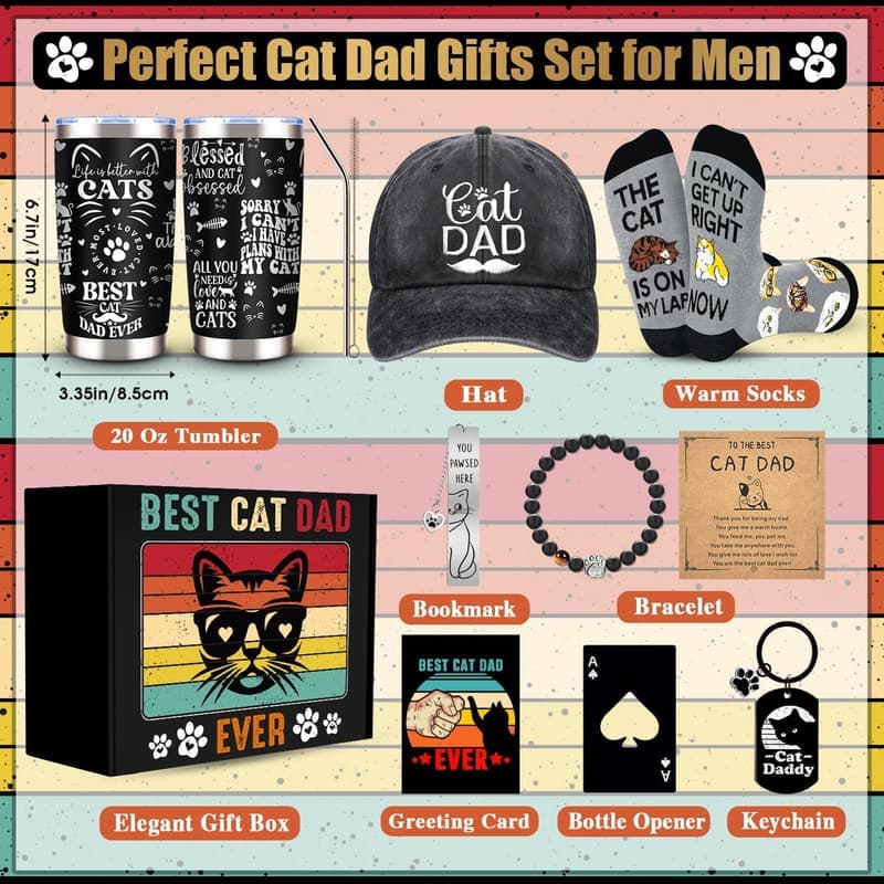 Cat Dad Gift Set for Men - 20 Oz Tumbler, Cap, Socks & More