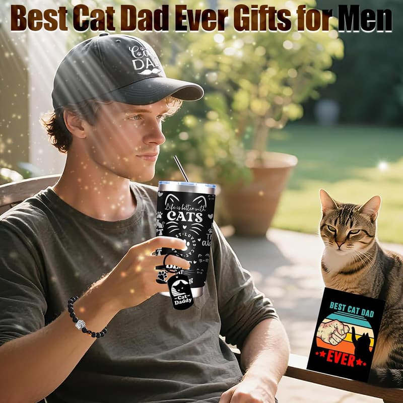 Cat Dad Gift Set for Men - 20 Oz Tumbler, Cap, Socks & More