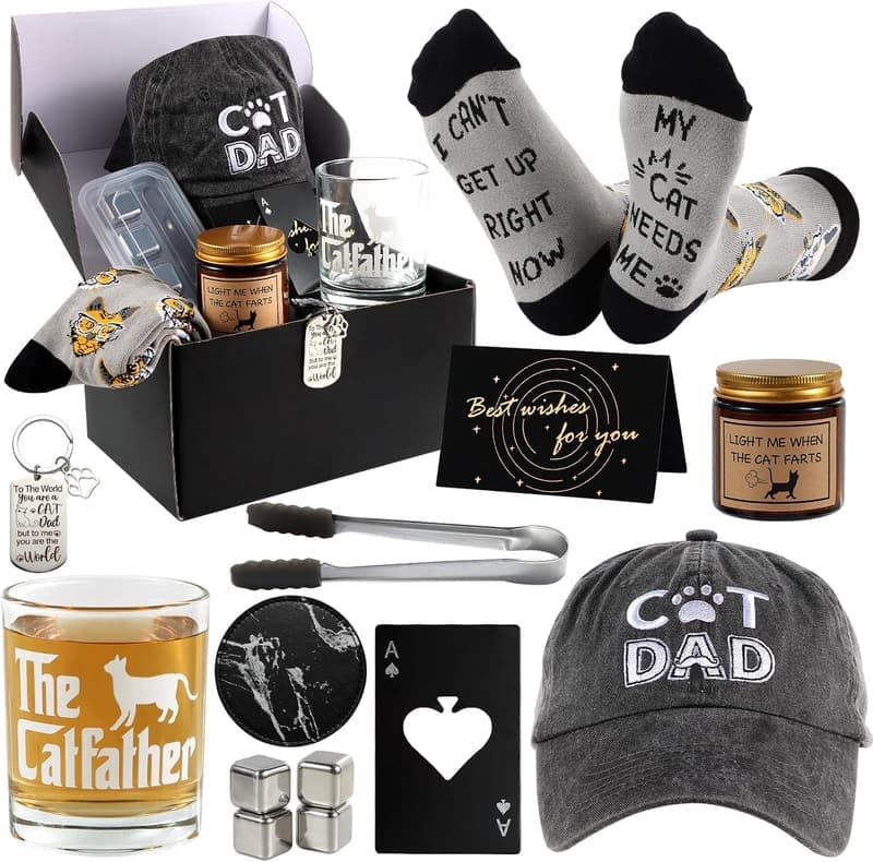 Cat Dad Gift Set - Whiskey, Socks, Keychain, Candle & More