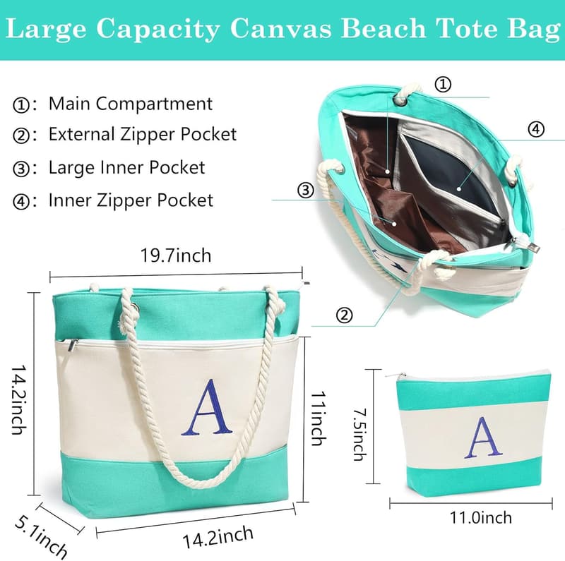 Birthday Gift - Waterproof Initial Canvas Tote Bag for Women