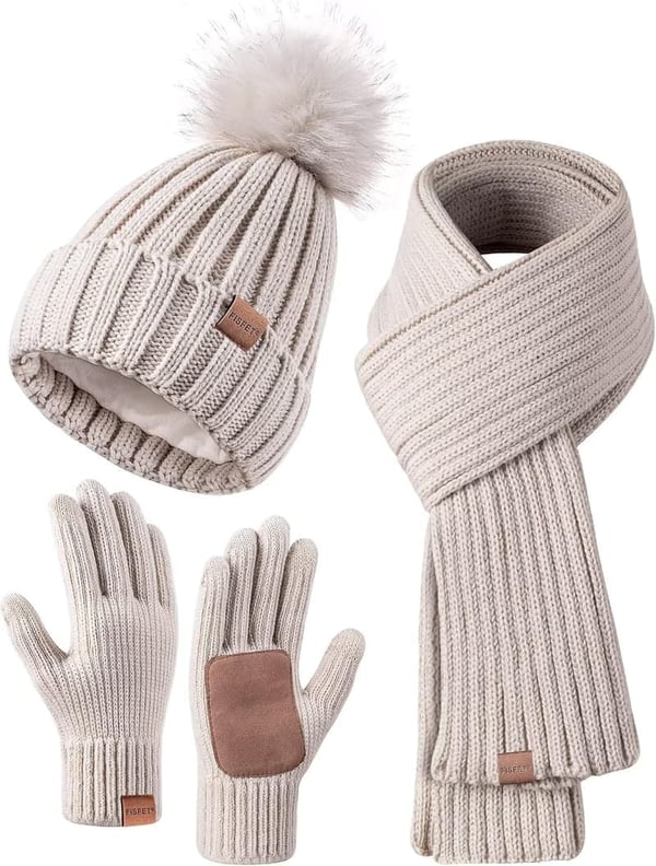 Winter Beanie, Scarf & Gloves Set for Women with Pom Pom
