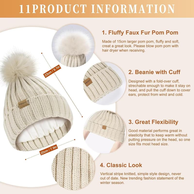 Winter Beanie, Scarf & Gloves Set for Women with Pom Pom
