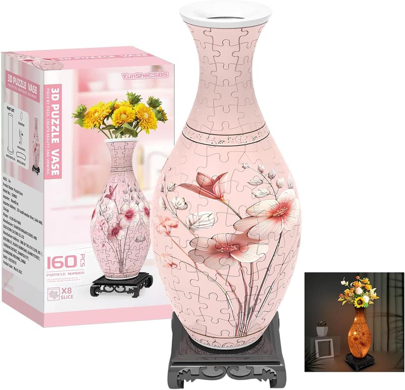 Pink 3D Flower Vase Puzzle with LED Light for Women’s Birthdays