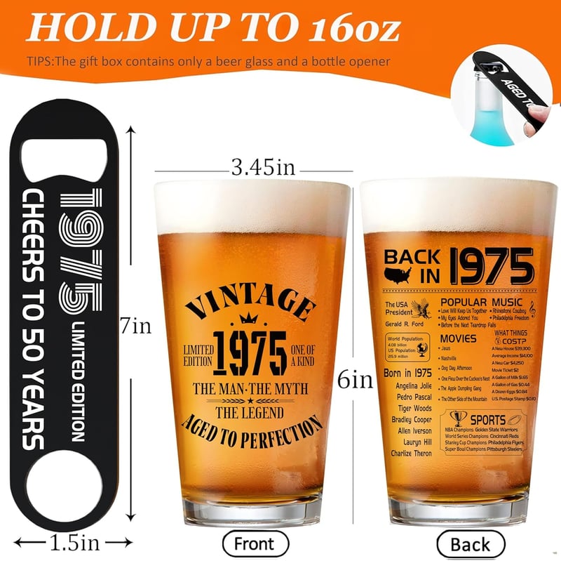 50th Birthday 16oz Beer Glass for Men