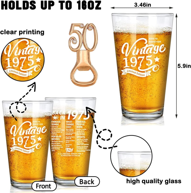 50th Birthday Beer Glass - Vintage 1975 Pint for Men & Women