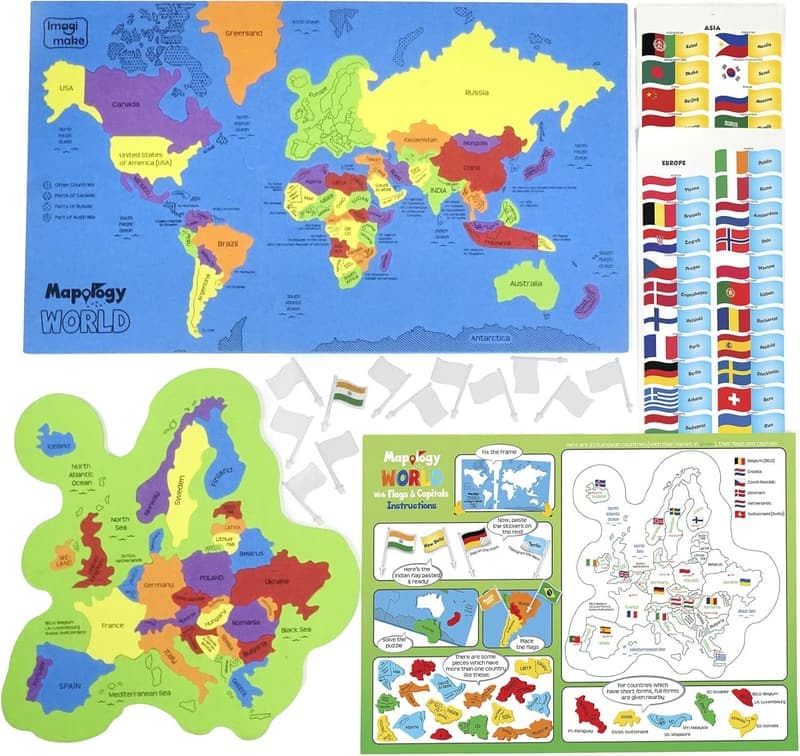 Educational World Map Puzzle with Flags & Capitals for Kids