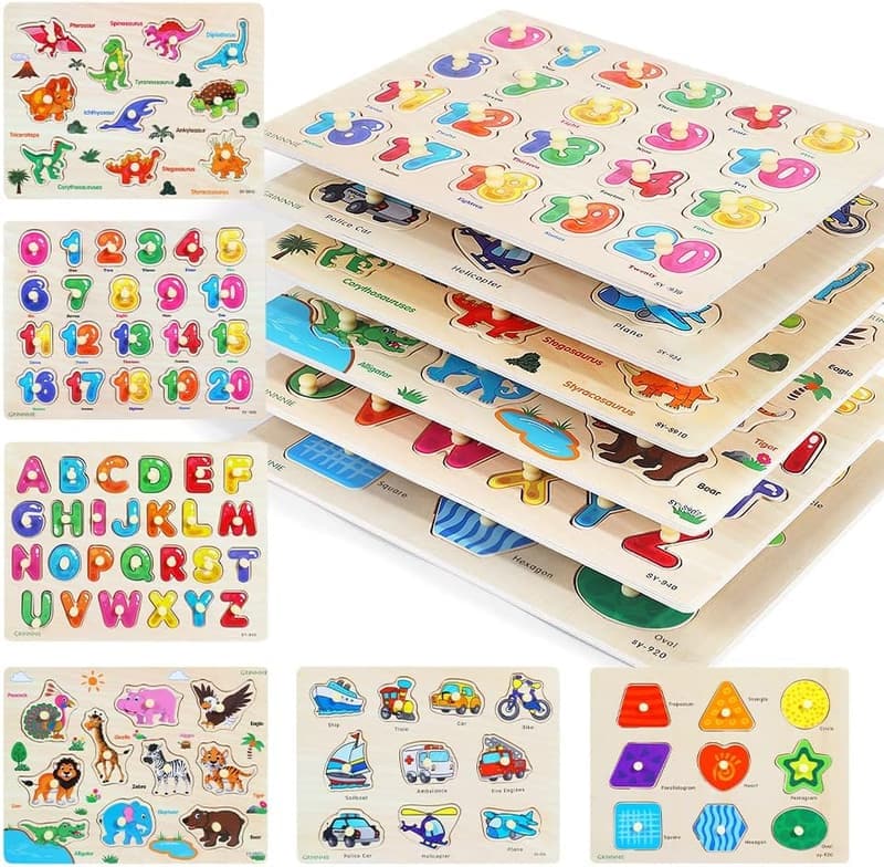 Toddler Learning Puzzle Set - 6 Wooden Peg Puzzles