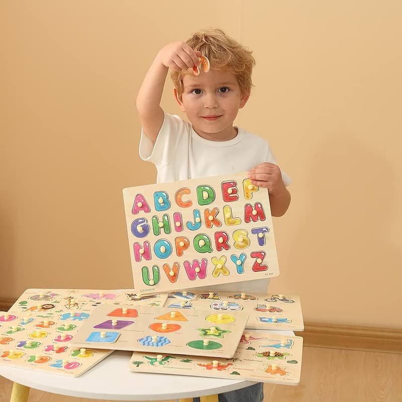 Toddler Learning Puzzle Set - 6 Wooden Peg Puzzles