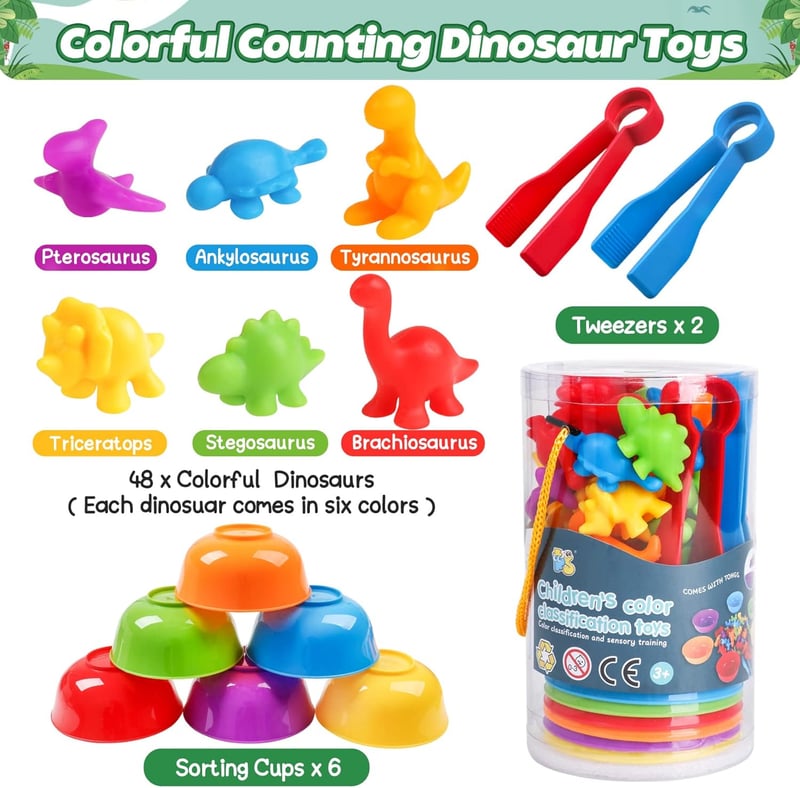 Montessori Dinosaur Counting Toys with Sorting Bowls for Kids
