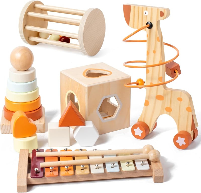 Montessori Wooden Stacking Rings & Shape Sorting Cube for Toddlers