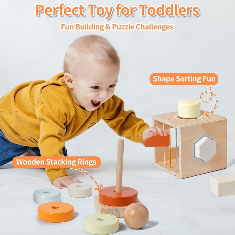 Montessori Wooden Stacking Rings & Shape Sorting Cube for Toddlers