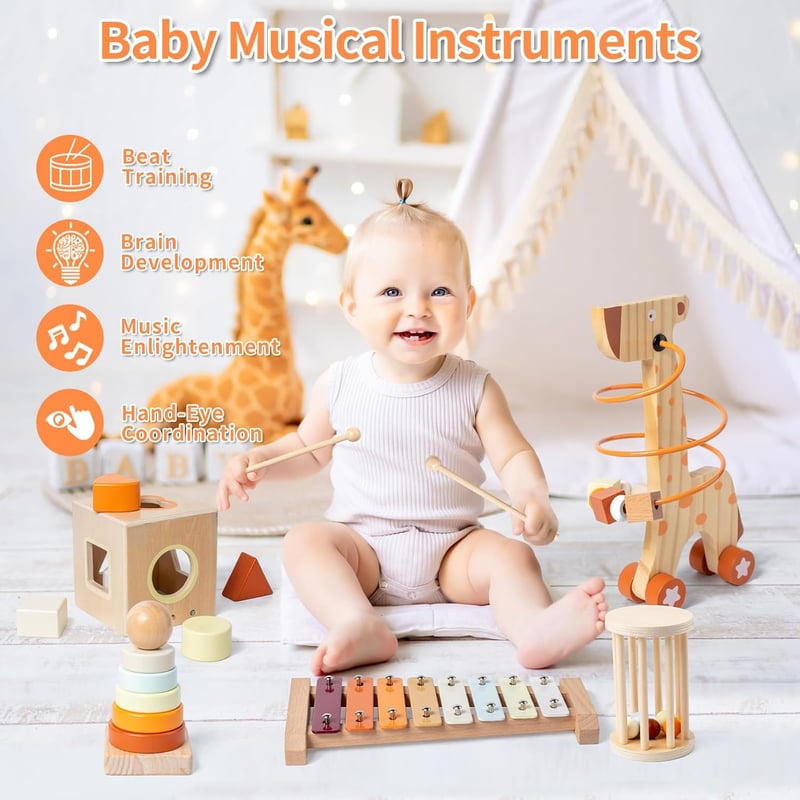 Montessori Wooden Stacking Rings & Shape Sorting Cube for Toddlers