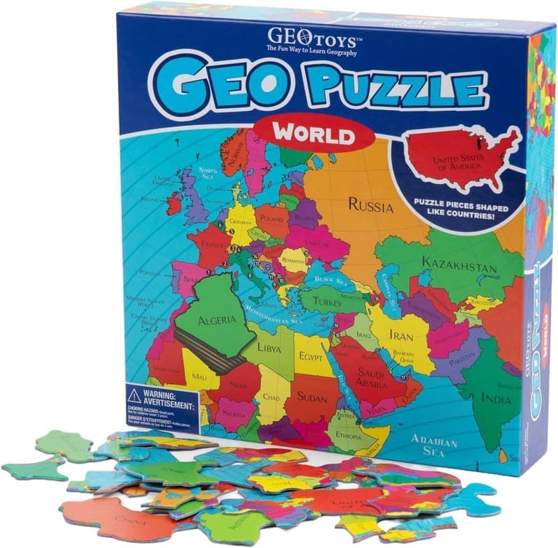 World Shaped Jigsaw Puzzle for Kids, 68 Pieces Geography Game