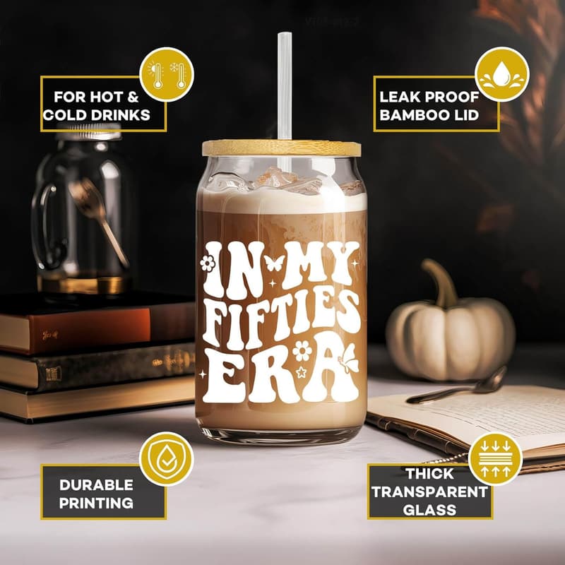 50th Birthday Glass Cup for Women, 16 oz, Fun Gift Idea