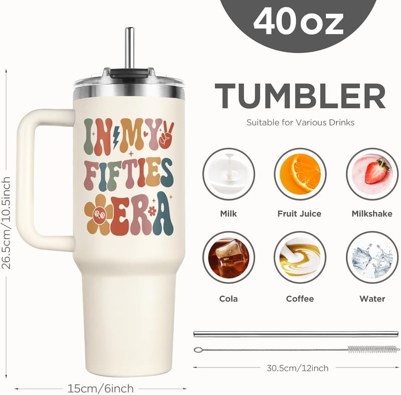 50th Birthday Tumbler for Women - 40 Oz with Handle & Straw