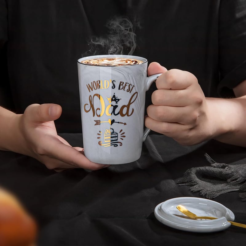 World's Best Dad Mug - 14oz Ceramic Coffee Cup with Gold Print