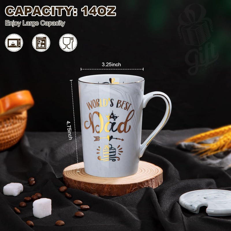 World's Best Dad Mug - 14oz Ceramic Coffee Cup with Gold Print