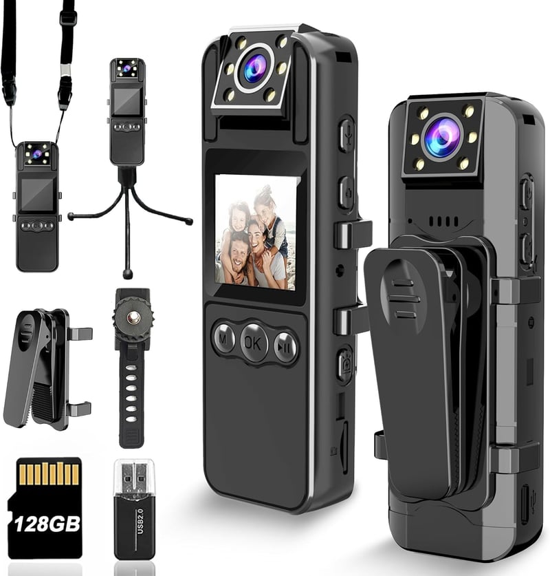 HD 1080P Body Camera with Audio, 180° Lens, 128GB Storage