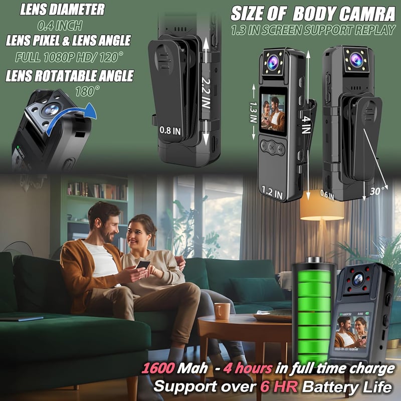 HD 1080P Body Camera with Audio, 180° Lens, 128GB Storage