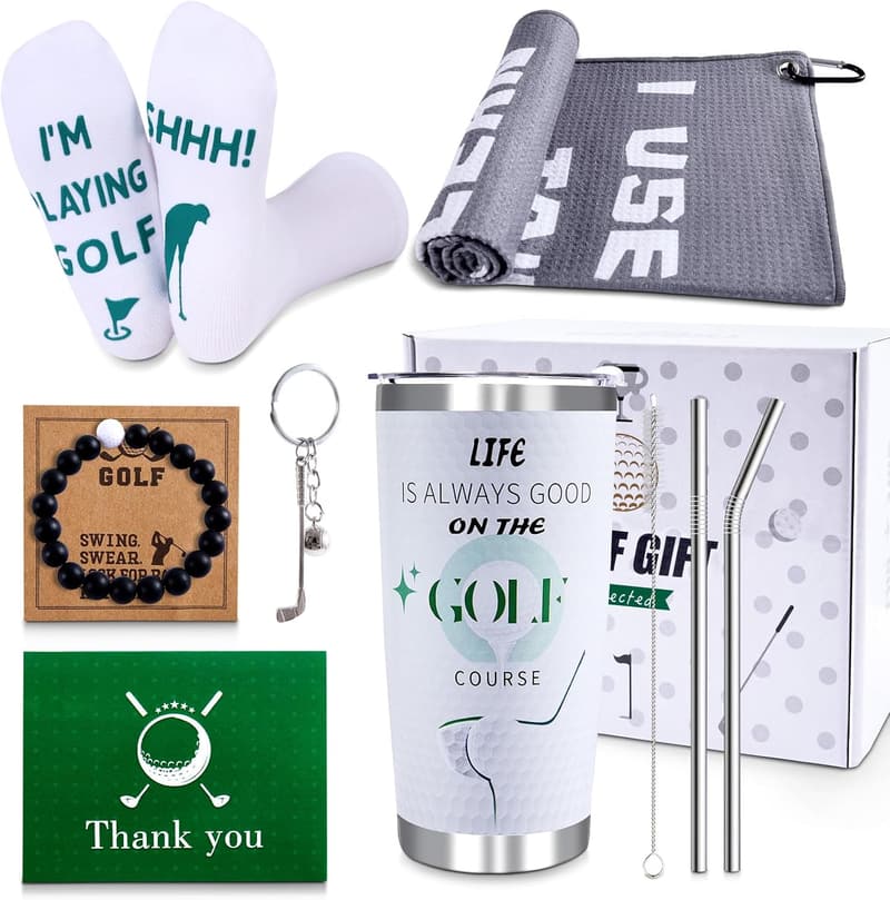 Christmas Golf Gift Set for Men - 9PC Tumbler, Towel, Socks, Key Chain, Bracelet