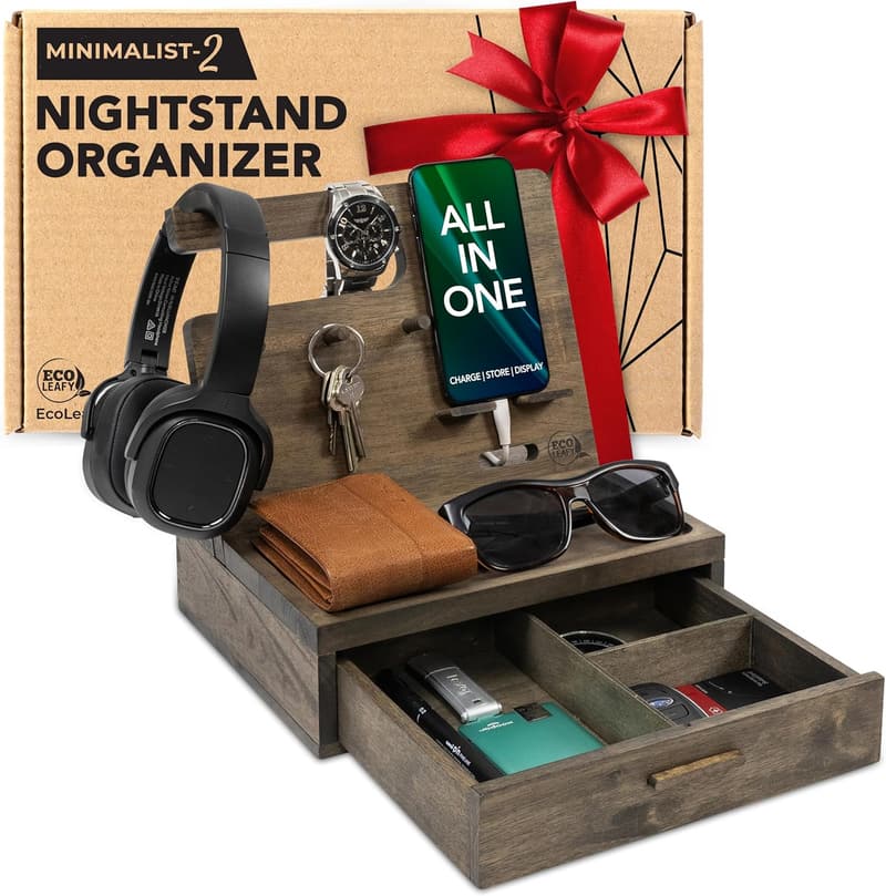 Rustic Nightstand Organizer with Drawer - Ideal Gift for Dad