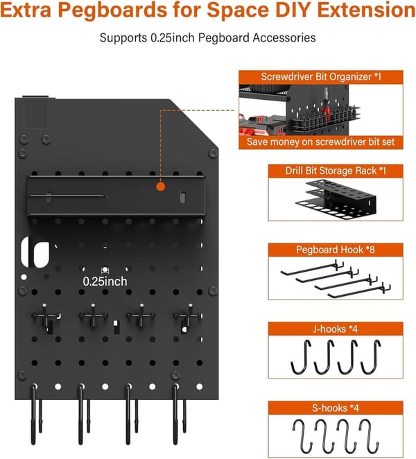 Large Pegboard Tool Organizer with Charging Station & Power Strip