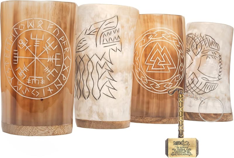 Set of 4 Handmade Viking Drinking Horn Mugs - 10 oz стрелка
