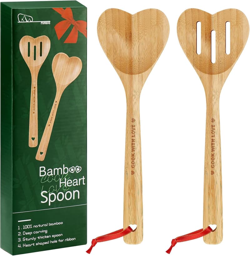Heart-Shaped Bamboo Cooking Spoons - Perfect Valentine's Gift