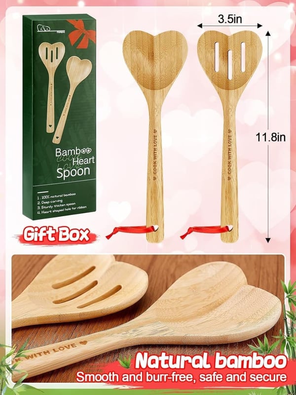 Heart-Shaped Bamboo Cooking Spoons - Perfect Valentine's Gift