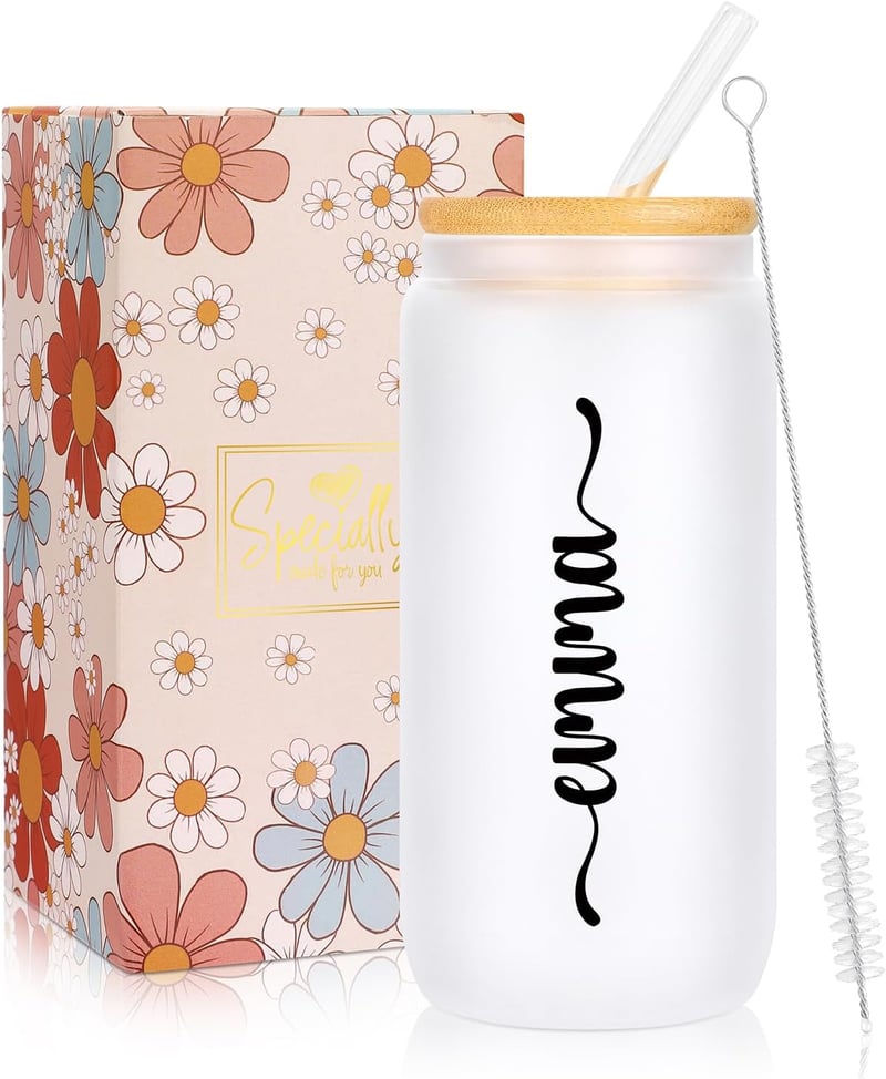 Personalized 16 Oz Can Glass Cups with Lids - Birthday Gifts for Her