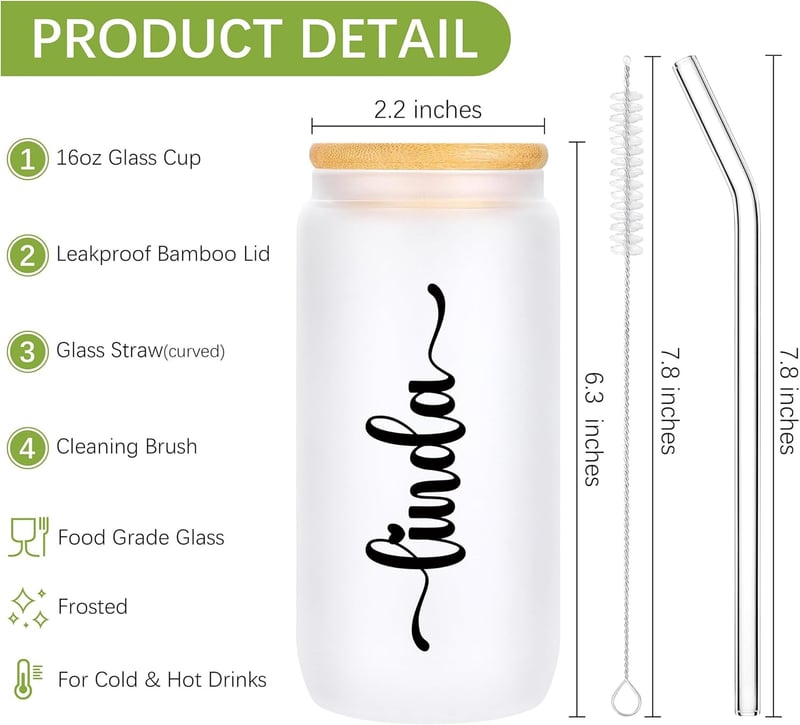 Personalized 16 Oz Can Glass Cups with Lids - Birthday Gifts for Her