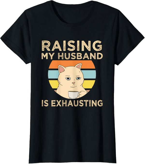 Exhausting Husband Raising Cartoon T-Shirt - Black, X-Small