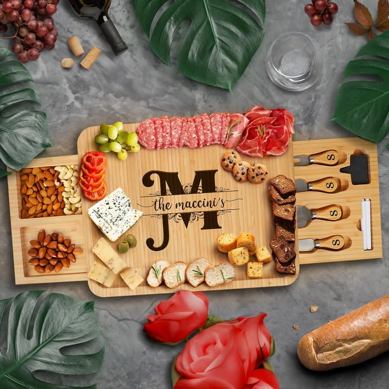 Engraved Bamboo Charcuterie Board Set - Personalized Wedding Gift