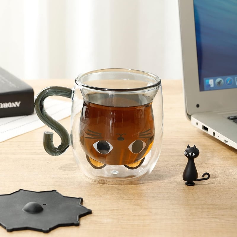 Graduation Cat Mug - Double Wall Glass Coffee Cup for Her