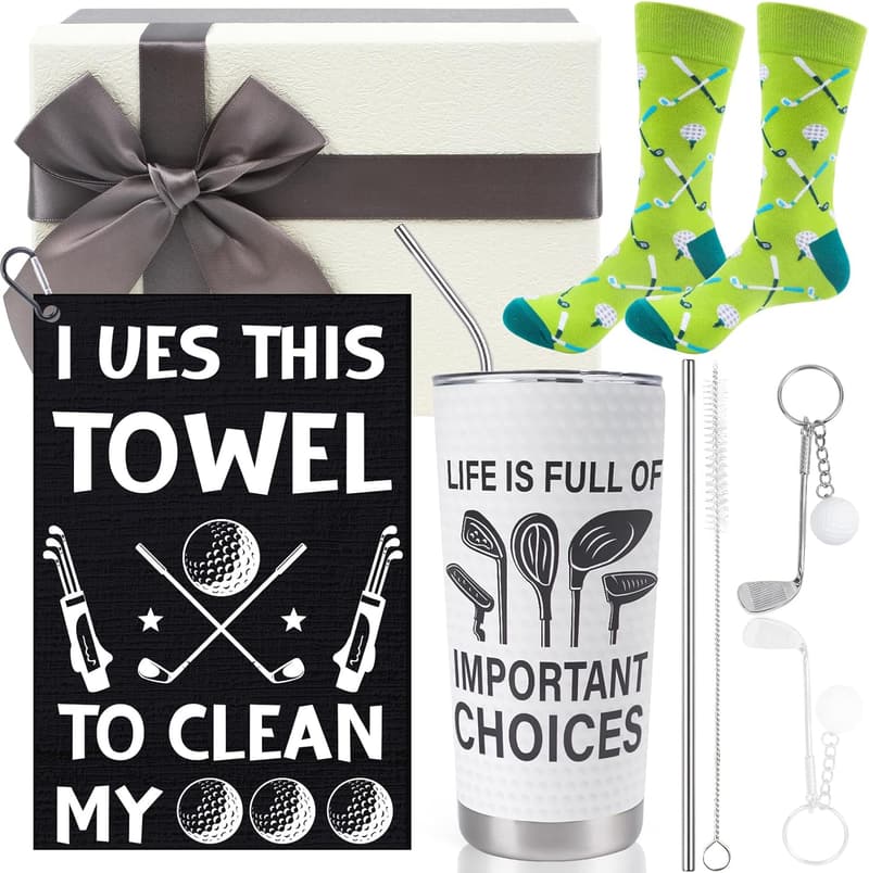 Golf Gifts for Men - 4pc Set with Tumbler, Socks, Towel, Keychain