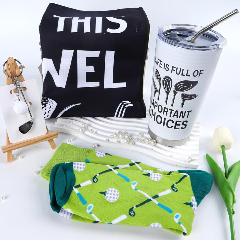 Golf Gifts for Men - 4pc Set with Tumbler, Socks, Towel, Keychain