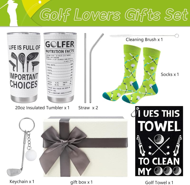 Golf Gifts for Men - 4pc Set with Tumbler, Socks, Towel, Keychain